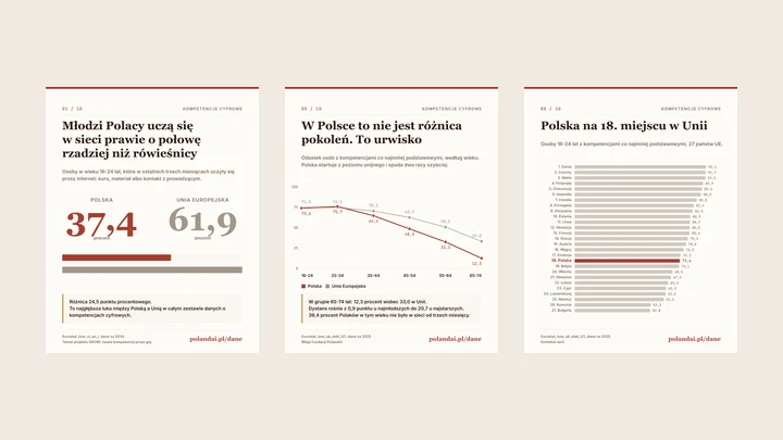 Trzy plansze z serii infografik o kompetencjach cyfrowych ustawione obok siebie